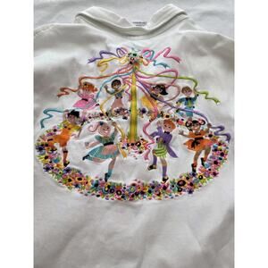 Bob Mackie White Denim Maypole Dancing Midsummer Floral Shirt Sz XL Embroidered